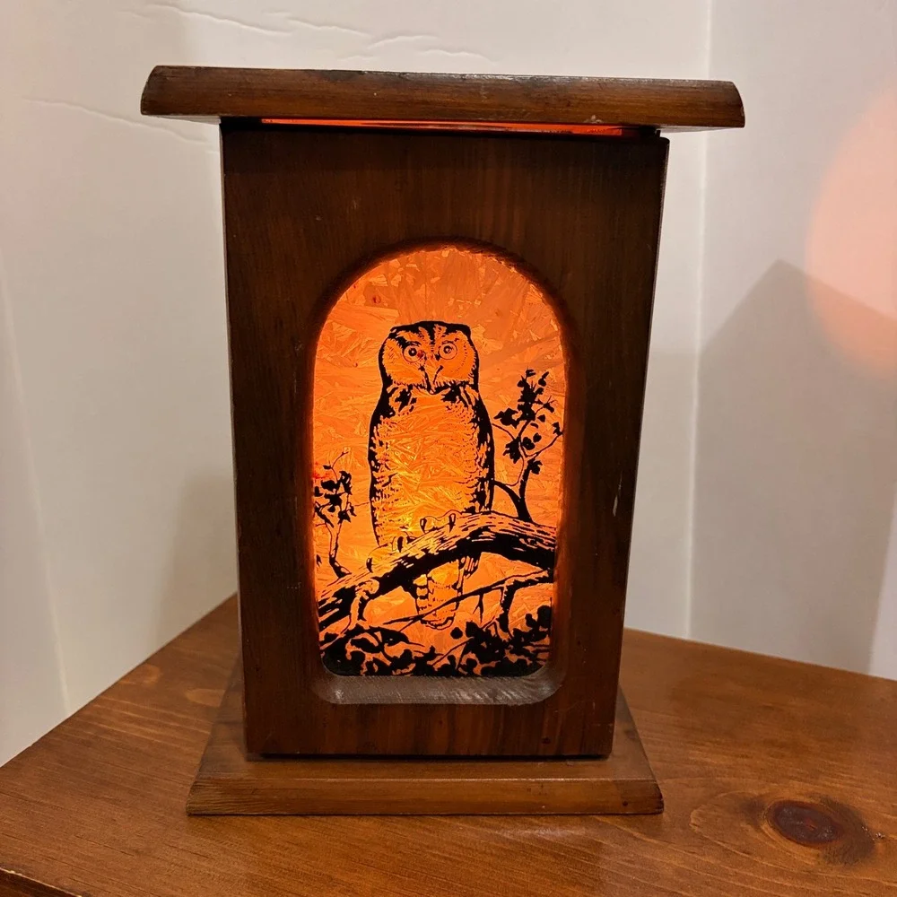 Vintage Rustic Wood Owl‎ Lantern Candle Holder Box Mirror Interior Amber Glow